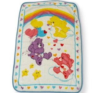 Vintage Care Bear Fleece Blanket rainbow hearts